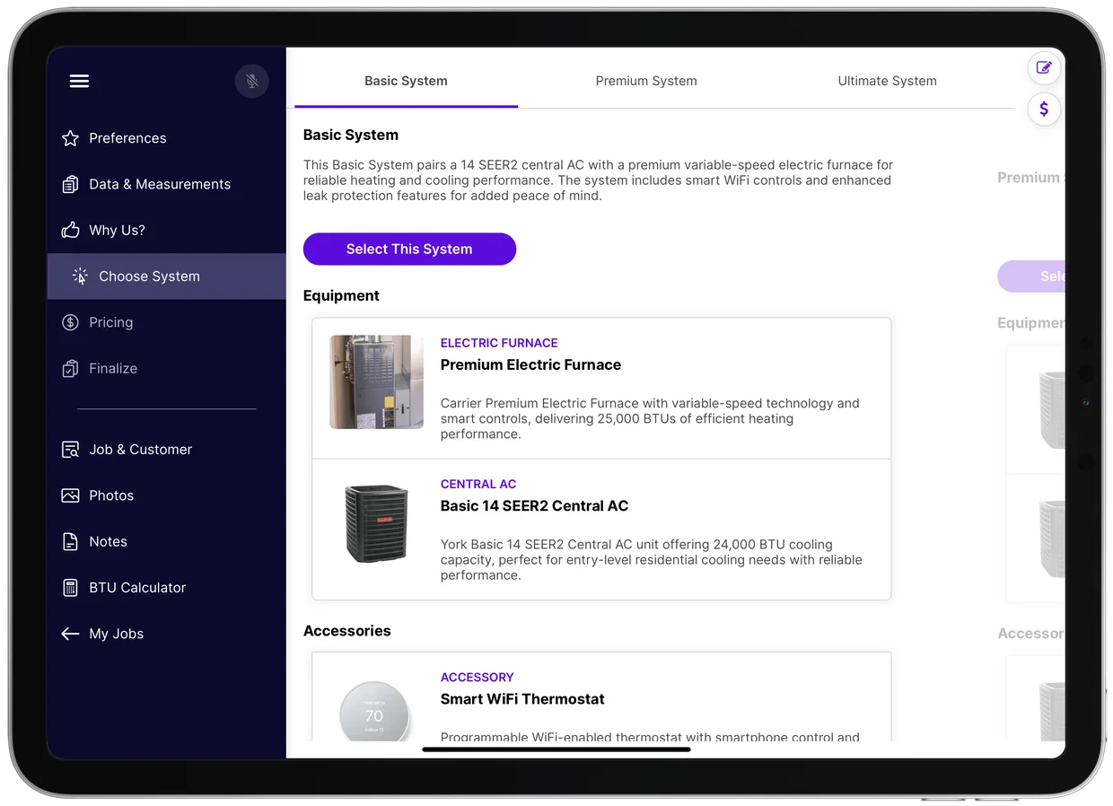 QuoteLogic iPad app showing Basic, Premium and Ultimate system options with equipment photos and descriptions