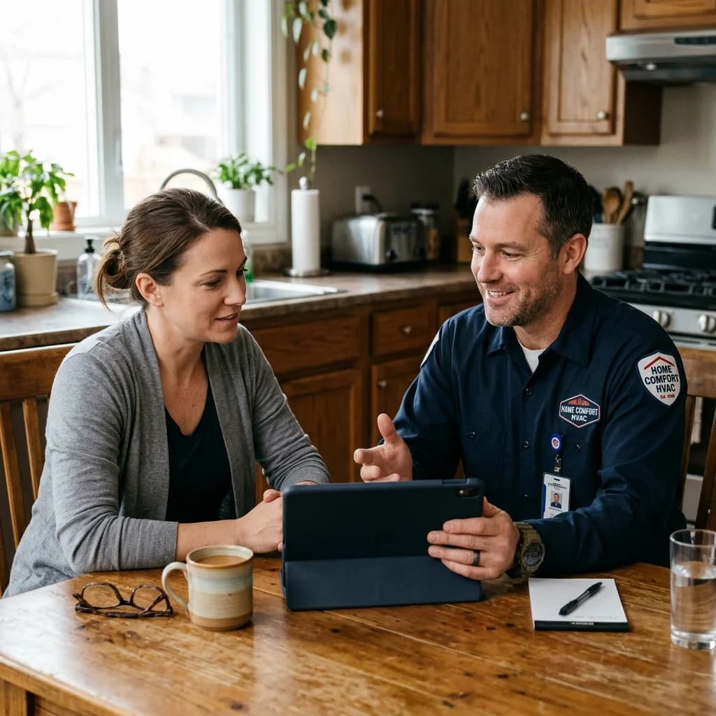 Comfort advisor reviewing a proposal on an iPad with a homeowner at her kitchen table