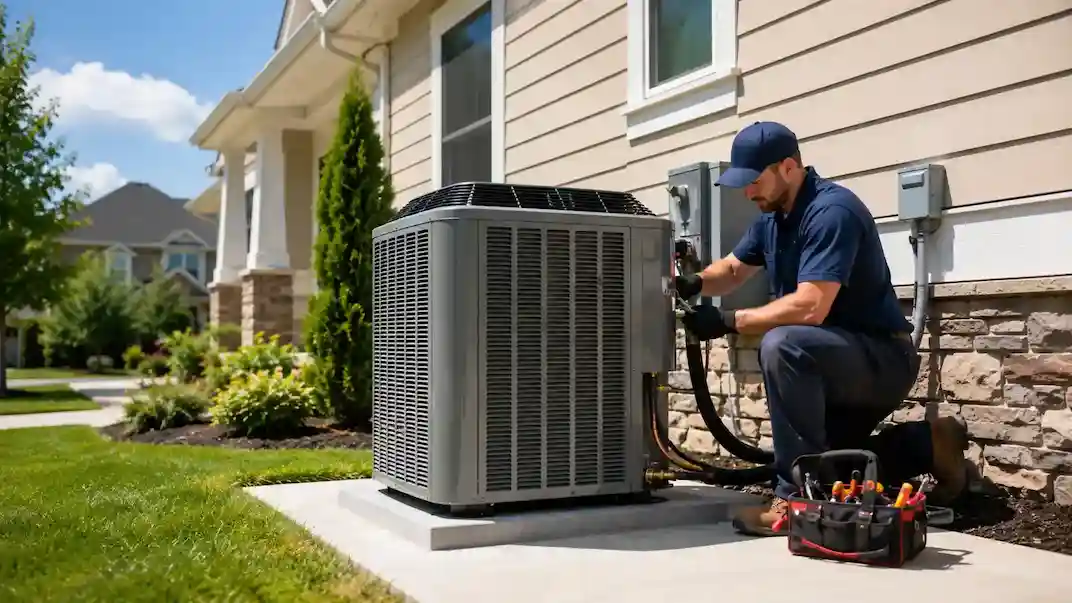 HVAC installer working on an outdoor condenser unit