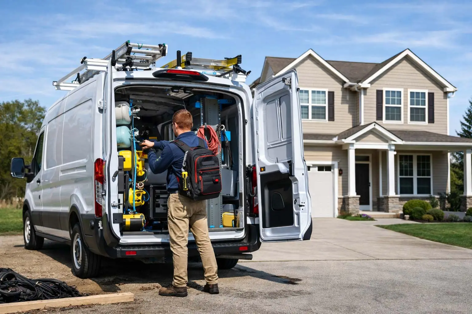 HVAC service van parked in the driveway of a home