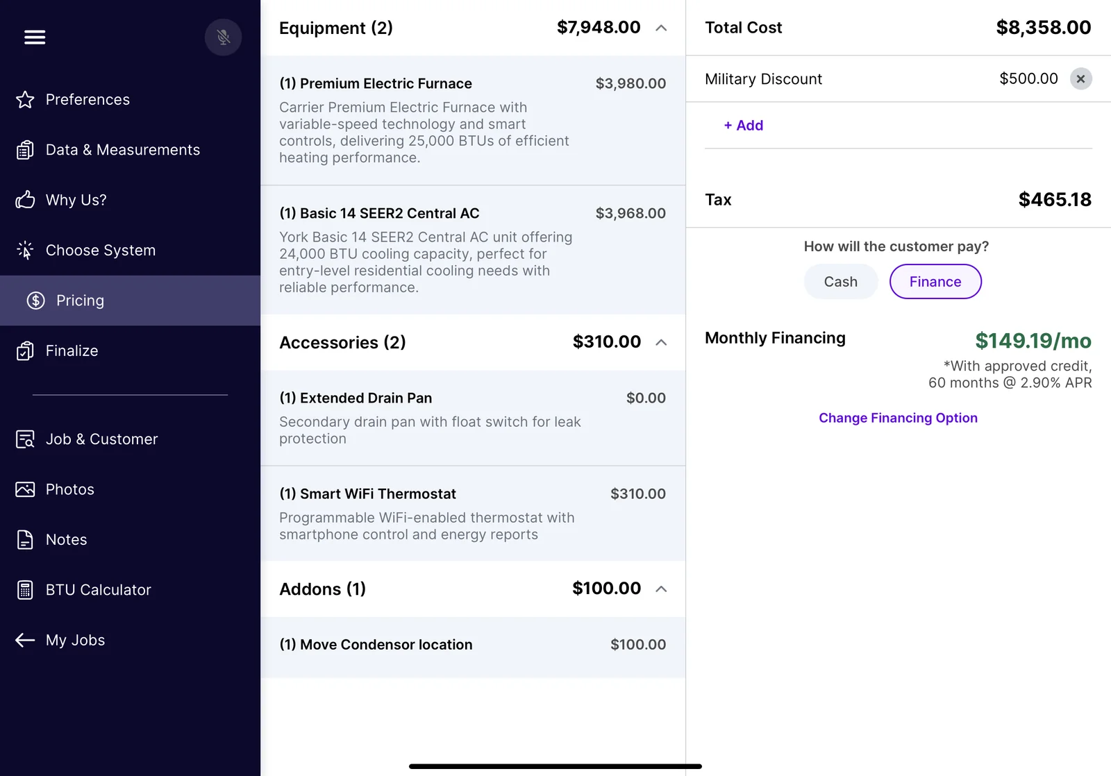 QuoteLogic pricing screen with equipment, accessories, a discount, tax and monthly financing