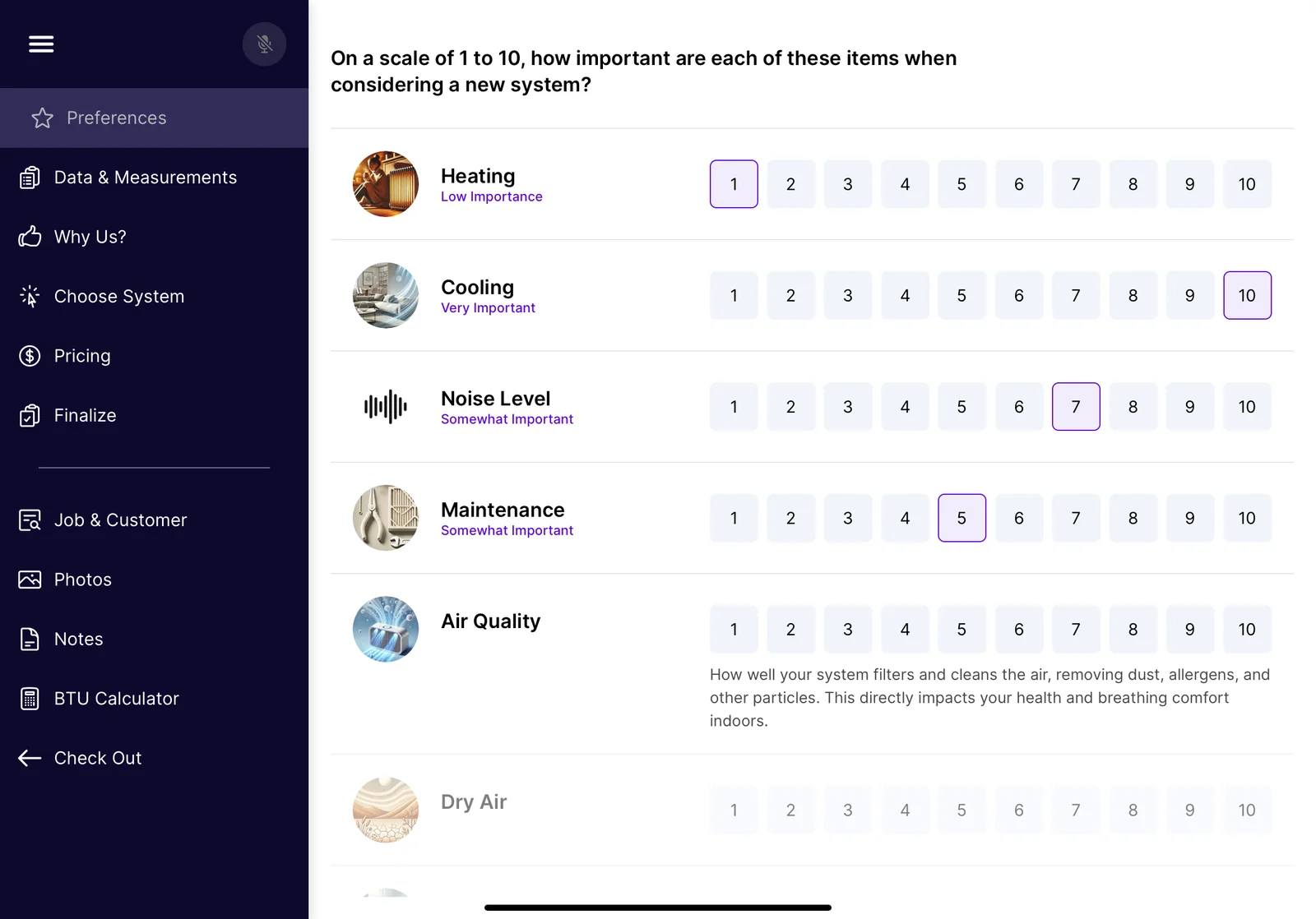QuoteLogic customer priorities screen rating heating, cooling, noise, maintenance and air quality from 1 to 10